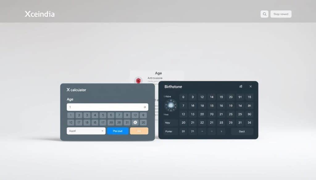 A Xeindia date of birth calculator interface set against a clean, minimalist background. In the foreground, a modern, intuitive calculator with sleek input fields and buttons. The date fields are highlighted, inviting user interaction. In the middle ground, informative charts and visualizations displaying age, birthstone, and astrological details. The background has a soft, gradient-based color scheme, creating a calming, focused atmosphere. The overall scene conveys an elegant, user-friendly experience for customizing and exploring one's date of birth details.