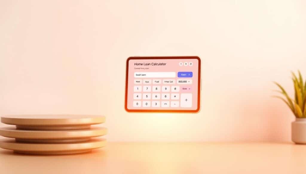 A bright and welcoming digital interface showcasing the Xeindia home loan calculator, floating against a clean, minimalist background. The calculator is presented as a sleek, modern device with intuitive controls and a clear display of essential loan details like monthly payments, interest rates, and total cost. Warm lighting casts a gentle glow, creating a sense of reassurance and confidence in the user's financial planning process. The overall composition is balanced and visually appealing, inviting the viewer to explore the calculator's functionality and benefits.
