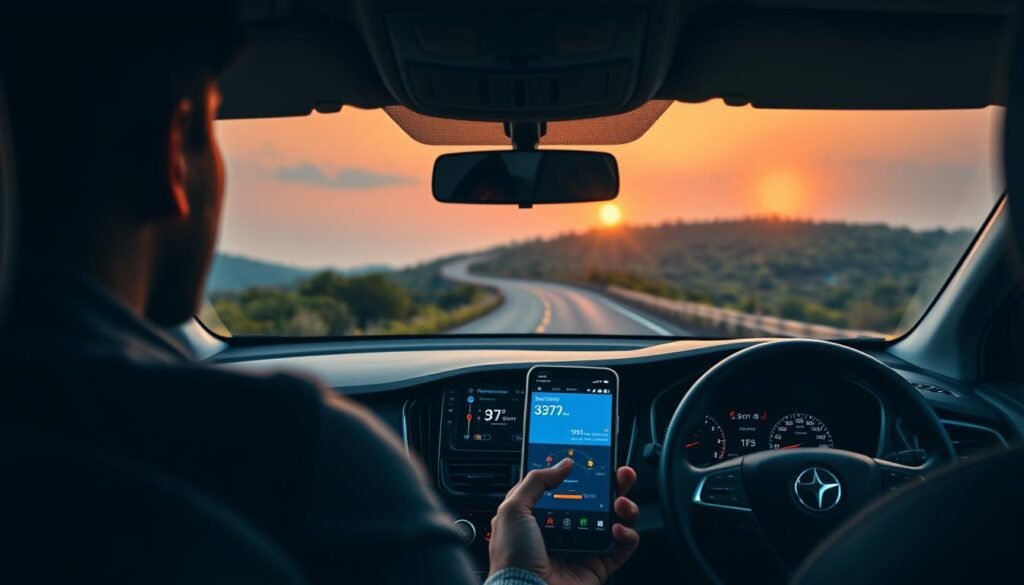 A busy commuter's dashboard, illuminated by the soft glow of the Xeindia mileage tracking app. The foreground features a sleek, modern car interior with a touchscreen display showcasing fuel efficiency data and personalized insights. In the middle ground, a winding road stretches out, flanked by lush, verdant landscapes. The background is dominated by a vibrant, golden sunset, casting a warm, inspirational ambiance. The overall scene conveys a sense of empowerment, control, and pride in one's ability to optimize their vehicle's performance and environmental impact through the use of Xeindia's cutting-edge mileage tracking technology.
