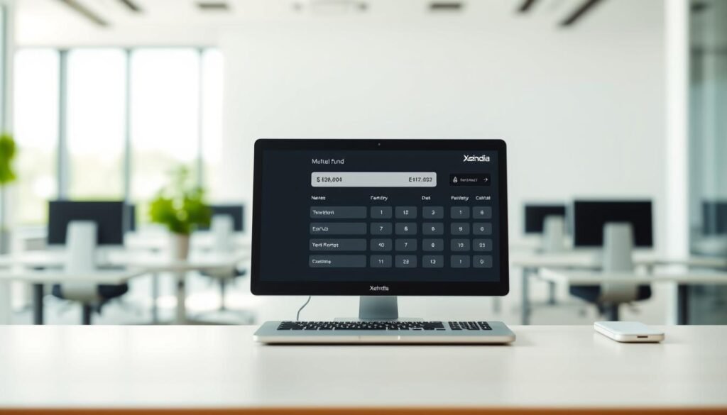 A clean, well-lit workspace with a sleek Xeindia Mutual Fund Calculator prominently displayed on a modern desk. The calculator features a minimalist design with intuitive controls, allowing users to effortlessly input their investment details and view detailed projections of their potential returns. The background is a soft, blurred office setting, with a large window allowing natural light to filter in, creating a sense of openness and clarity. The overall atmosphere is one of professionalism, efficiency, and financial empowerment, perfectly suited for illustrating the features of a powerful Mutual Fund Calculator.