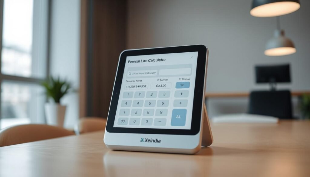 A close-up view of a clean, modern personal loan calculator interface on a sleek Xeindia-branded device. The calculator is prominently displayed in the foreground, with a simple and intuitive layout of input fields, sliders, and buttons. The background is a blurred, minimalist office setting, providing a professional and focused atmosphere. The lighting is soft and diffused, creating a warm and inviting mood. The camera angle is slightly tilted, adding a sense of dynamism and interactivity to the scene.