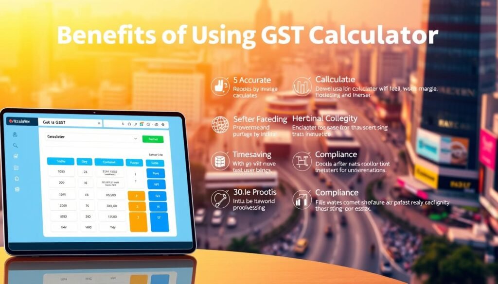 A colorful and visually captivating illustration of the "Benefits of Using a GST Calculator" for the article "GST Calculator Online Quickly Calculate Goods & Services Tax (India)". In the foreground, a modern, intuitive Xeindia GST calculator interface showcases its user-friendly design and powerful features. The middle ground highlights key benefits such as accurate tax computation, time-saving, and compliance assistance, depicted through dynamic icons and infographic elements. The background depicts a bustling Indian cityscape, evoking the broader context of the GST system. The overall scene is illuminated by warm, natural lighting, creating a professional, informative, and visually appealing image.