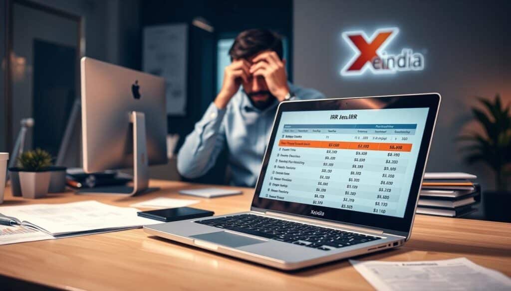 A contemporary office setting with a desk, computer, and various financial documents. In the foreground, an open laptop displays an IRR calculator with several highlighted errors. The middle ground features a perplexed office worker scratching their head, studying the calculator results. The background showcases the Xeindia brand logo, signifying the financial tools and resources available. The lighting is soft and warm, creating a contemplative atmosphere as the worker navigates the common mistakes in IRR calculation.