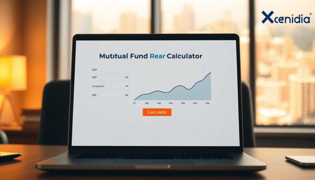 A cozy office setting with a well-lit desk and a sleek laptop displaying a Mutual Fund Return Calculator interface. The foreground features a minimalist design with clean typography, intuitive input fields, and a clear call-to-action button labeled "Calculate". The middle ground showcases a stylized graph with fluctuating lines, representing the growth potential of SIP and lumpsum investments. The background features a warm, soft-focus scene with a large window overlooking a vibrant cityscape, creating a sense of professionalism and financial expertise. The Xeindia logo is subtly present, reinforcing the credibility of the calculator.