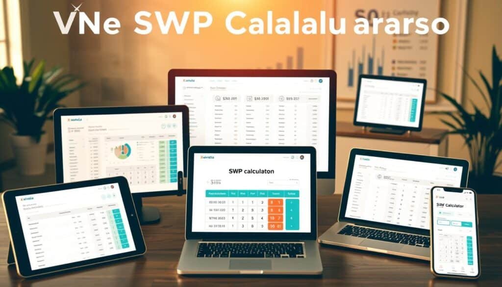 A detailed comparison of online SWP calculators, showcasing the Xeindia SWP calculator in the foreground. The calculators are displayed on various desktop and mobile devices, demonstrating their accessibility and functionality. The middle ground features a clean, minimalist layout with a focus on data visualization and ease of use. The background subtly suggests a financial setting, with charts and graphs hinting at the analytical nature of the tools. Warm, natural lighting illuminates the scene, creating a welcoming and trustworthy atmosphere. The overall composition aims to highlight the utility and convenience of the Xeindia SWP calculator in the context of other online withdrawal tools.