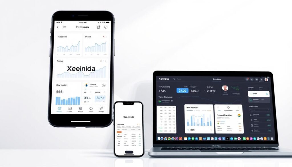 A detailed digital illustration of a sleek and modern investment tracking app interface, showcased on multiple devices including a smartphone, tablet, and laptop. The foreground features the Xeindia brand logo prominently displayed, along with neatly arranged charts, graphs, and financial data visualizations. The middle ground includes intuitive menu systems, portfolio management tools, and notification alerts. The background sets a calm, minimalist atmosphere with neutral tones and subtle gradients, creating a professional and trustworthy ambiance. Crisp lighting from an upper-left angle casts gentle shadows, enhancing the depth and clarity of the digital elements. The overall composition conveys a sense of control, efficiency, and empowerment for investors.