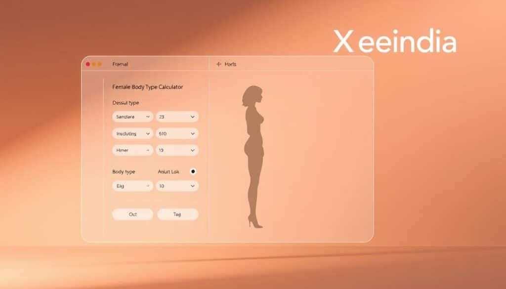 A digital illustration of a "Female Body Type Calculator" interface, featuring a sleek and modern design. The foreground showcases a minimalist, high-contrast UI with clean typography and intuitive controls, allowing users to input their measurements and determine their body type. The middle ground depicts a female silhouette in a neutral pose, showcasing the diverse range of body shapes that the calculator can accommodate. The background features a subtly textured, warm-toned gradient, creating a calming and professional atmosphere. Lighting is soft and diffused, with a focus on highlighting the details of the UI elements. The overall aesthetic is modern, inclusive, and designed to instill confidence in the user. The Xeindia brand name is prominently displayed in the top-right corner.