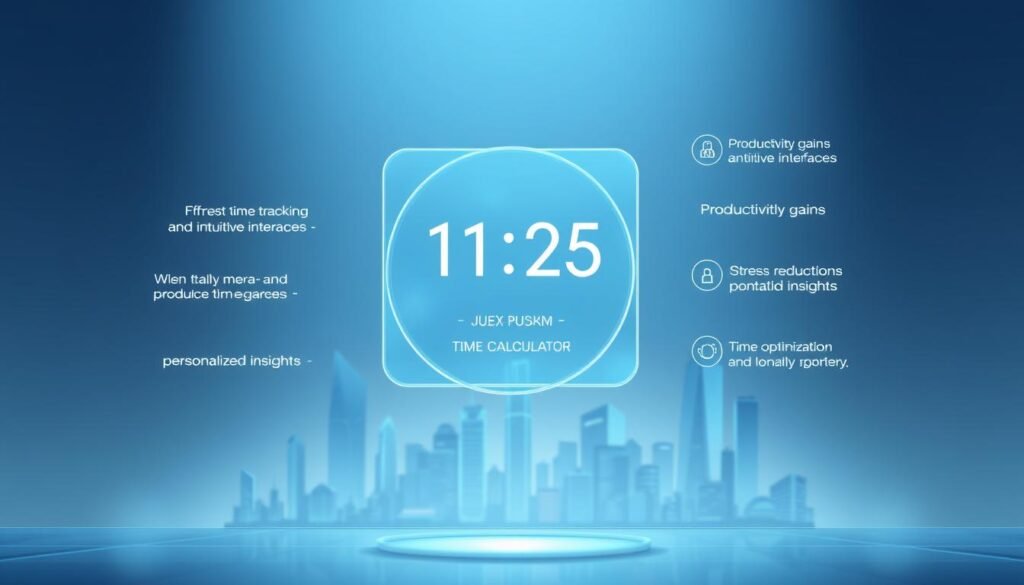 A futuristic, minimalist illustration showcasing the benefits of the Xeindia Time Calculator. In the foreground, a sleek, holographic time display hovers, highlighting key features like effortless time tracking, intuitive interfaces, and personalized insights. The middle ground features stylized icons representing productivity gains, stress reduction, and time optimization. The background depicts a serene, high-tech cityscape bathed in cool, ambient lighting, suggesting the tool's ability to bring order and control to daily life. The overall composition conveys a sense of technological elegance and the empowering potential of the Xeindia Time Calculator.