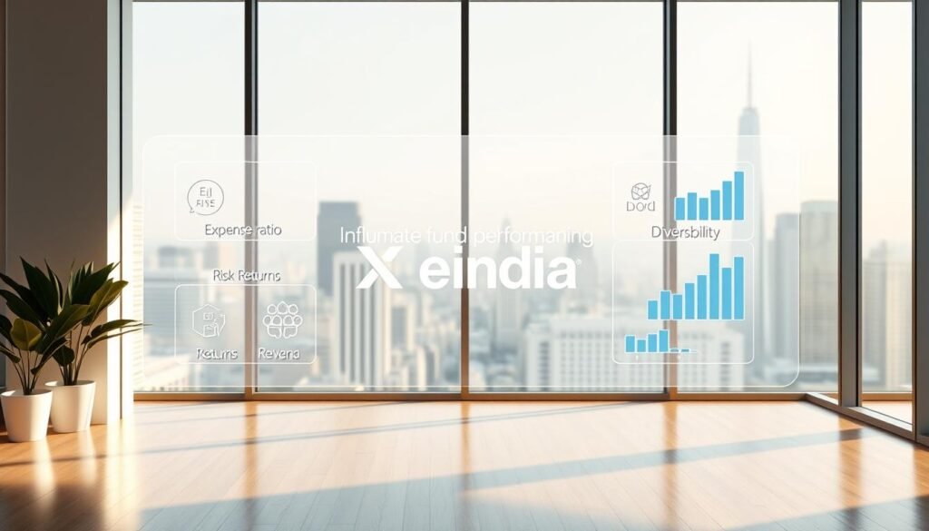 A high-quality, photorealistic image of the "Factors Influencing Mutual Fund Performance" with a clean, sleek design aesthetic. Set in a modern, minimalist office environment with a large window overlooking a cityscape in the background, bathed in warm, natural lighting. In the foreground, a floating display showcases various performance factors such as expense ratio, risk, returns, and diversification, each represented by elegant, data-visualization icons and charts. The Xeindia logo is prominently featured in the middle ground, conveying a sense of authority and trust. The overall mood is informative, data-driven, and visually captivating, suitable for an article on a mutual fund calculator.