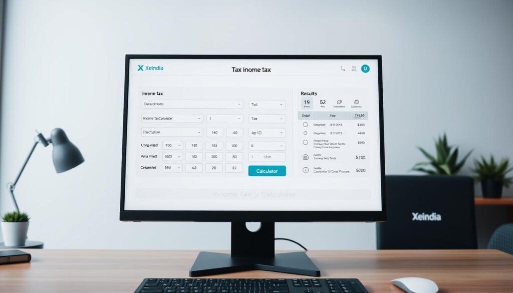 A high-quality, sleek income tax calculator interface displayed on a desktop computer screen. The foreground showcases the key features - intuitive data input fields, a prominent "Calculate" button, and a neatly organized results section. The middle ground depicts visual aids like progress bars, graphs, and icons to illustrate the calculator's functionality. In the background, a minimalist office setting with a Xeindia branded desk setup and subtle lighting creates a professional, trustworthy atmosphere. The image conveys efficiency, user-friendliness, and Xeindia's expertise in tax computation.