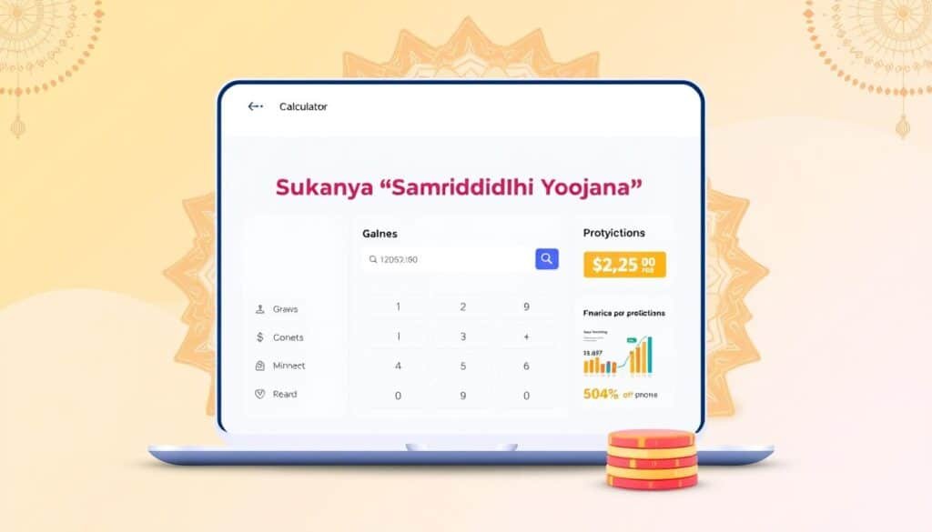 A high-resolution digital illustration of the "Sukanya Samriddhi Yojana Calculator" by Xeindia, showcasing a modern and sleek user interface. The foreground features a clean, minimalist calculator design with clear input fields and intuitive controls. The middle ground displays a series of infographic elements highlighting key financial metrics and growth projections for the Sukanya Samriddhi Yojana investment scheme. The background subtly incorporates Indian cultural motifs and a soft, warm color palette to create a sense of tradition and financial security. The overall composition conveys a professional, trustworthy, and visually appealing representation of the Sukanya Samriddhi Yojana Calculator.