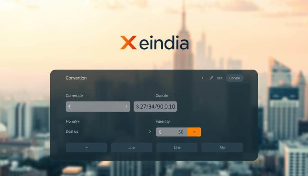 A high-resolution, photorealistic image of a sleek, modern web-based currency calculator interface. In the foreground, a clean, minimalist design with a large central conversion box, exchange rate display, and intuitive input fields. Subtle icons and toggles for currency selection. In the middle ground, a prominent Xeindia logo and branding, conveying a sense of trust and reliability. The background features a softly blurred cityscape, hinting at the global reach and international focus of the currency calculator. Warm, natural lighting creates a pleasant, professional atmosphere. The layout is carefully balanced, with an emphasis on functionality and user-friendly interaction.