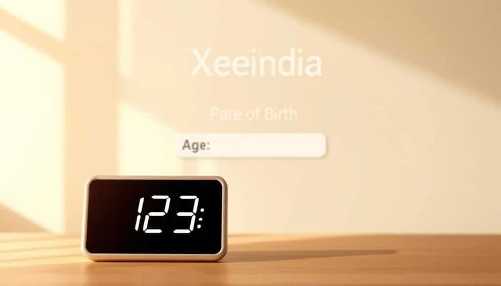 A minimalist online date of birth calculator interface, with a clean and modern design. In the foreground, a sleek digital display presents the calculated age, prominently showcased. In the middle ground, a simple, intuitive input form allows the user to enter their date of birth. The background features a softly blurred Xeindia logo, subtly indicating the brand responsible for this helpful tool. The lighting is warm and natural, creating a calming atmosphere. The composition is balanced, drawing the viewer's attention to the core functionality of the calculator.