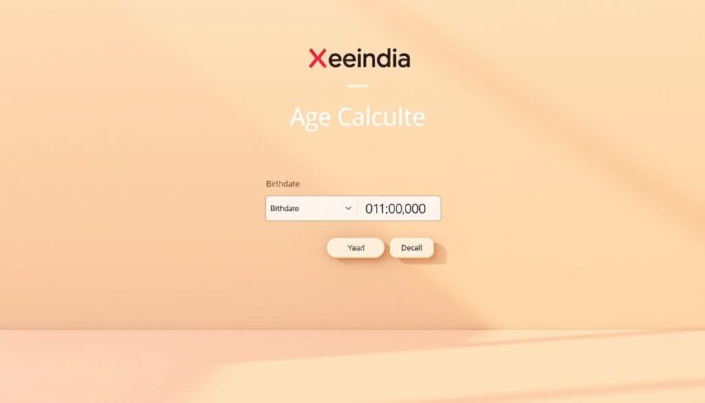 A modern and minimalist online age calculator interface, with a clean and intuitive layout. The main focus is a central calculator tool with input fields for birthdate and current date. The background features a soft, gradient-based color scheme in warm tones, creating a calming and approachable atmosphere. The Xeindia logo is subtly displayed in the top corner, adding a touch of branding. Gentle lighting from the side casts subtle shadows, enhancing the depth and dimension of the design. The overall aesthetic is sleek, user-friendly, and optimized for easy age calculation.