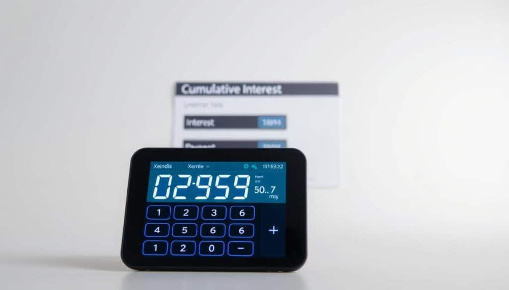 A modern and sleek calculator interface showcasing the "Xeindia" brand, set against a clean and minimalist background. In the foreground, a digital display shows the cumulative interest calculation, with crisp numbers and intuitive controls. The middle ground features a well-designed layout with clearly labeled input fields for loan amount, interest rate, and payment duration. The background has a subtle gradient or texture, conveying a sense of professionalism and attention to detail. The lighting is soft and evenly distributed, creating a polished and inviting atmosphere. The camera angle is slightly elevated, providing an optimal view of the calculator's functionality.