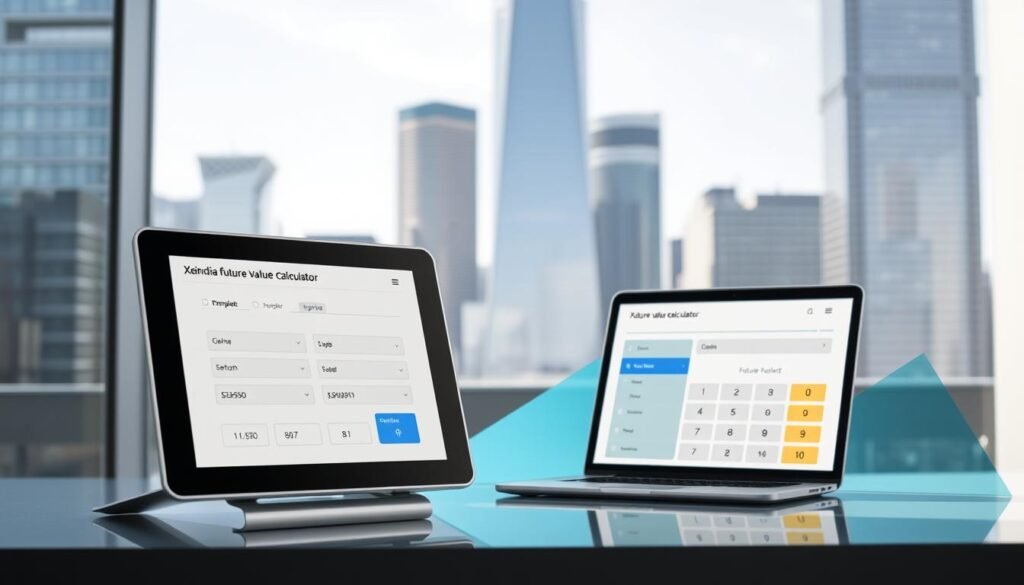 A modern, minimalist interface showcasing a Xeindia future value calculator. In the foreground, a sleek, silver-framed display with a clean, intuitive design, highlighting key inputs and outputs. In the middle ground, a laptop or tablet with the calculator interface, surrounded by geometric shapes in shades of blue and gray, conveying a sense of technology and finance. The background features a cityscape with towering skyscrapers, hinting at the long-term growth and potential of investments. Bright, natural lighting illuminates the scene, creating a sense of clarity and optimism. The overall tone is professional, informative, and subtly aspirational, reflecting the power of the future value calculator tool.