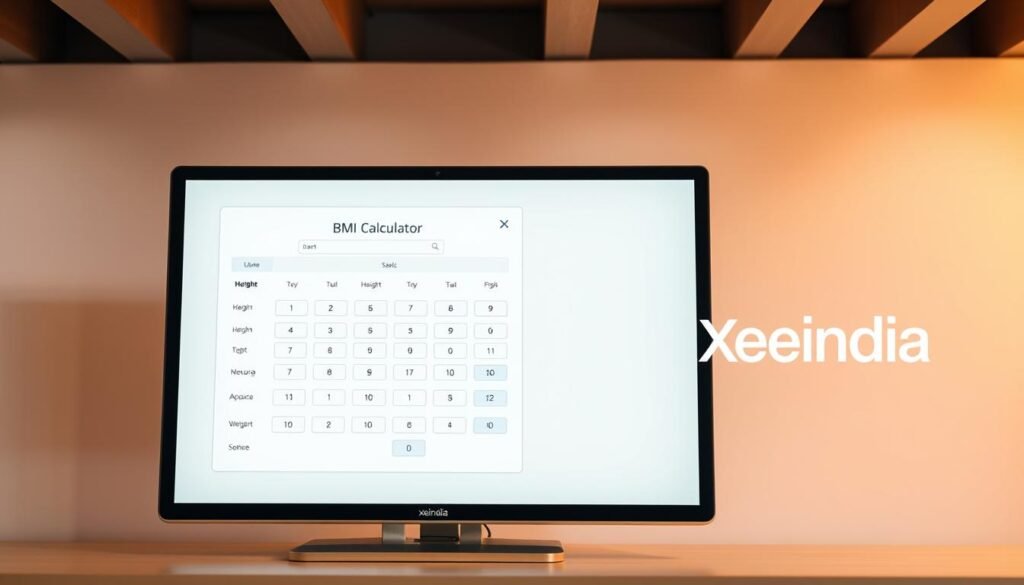 A modern, sleek BMI index calculator displayed on a high-resolution computer screen. The calculator's interface has a clean, minimalist design with intuitive controls and various input fields for height, weight, and other relevant data. The calculator is surrounded by a crisp, white background, with subtle lines and shapes that create a sense of order and professionalism. The Xeindia logo is tastefully displayed in the corner, adding a touch of branding to the scene. Warm, indirect lighting illuminates the calculator, creating a soothing and inviting atmosphere. The overall impression is one of a practical, user-friendly tool that can help users easily assess their health status.