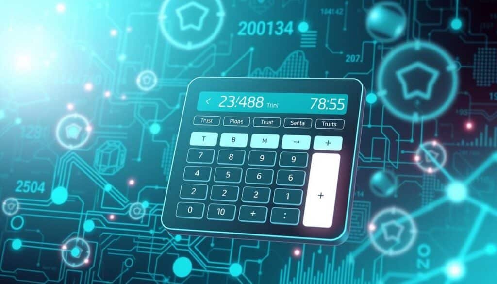 A secure and sleek digital currency calculator from Xeindia, set against a backdrop of futuristic blockchain patterns and holographic data visualizations. The calculator interface features clean lines, minimalist design, and intuitive controls, conveying a sense of trust and reliability. Glowing orbs and shimmering light effects create an aura of advanced technology, while a serene, teal-tinted color palette evokes a calming, professional atmosphere. The overall composition suggests a tool for secure, seamless currency conversions, empowering users to manage their finances with confidence and ease.