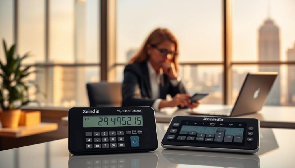 A serene and modern office setting, with a large window overlooking a city skyline. In the foreground, a Xeindia-branded FD calculator sits on a sleek desk, its digital display showcasing the benefits of using such a tool - projected returns, maturity amount, and investment details. The middle ground features a person, dressed in business attire, thoughtfully interacting with the calculator, making calculations and analyzing the results. The background is illuminated by warm, natural lighting, creating a sense of productivity and financial well-being.