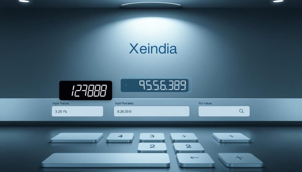 A sleek and minimalist Percentage Calculator Interface with a clean, modern design. In the foreground, a large digital display shows the calculation result, its numbers and decimal points crisp and easy to read. In the middle ground, various input fields and buttons allow the user to input values and perform calculations. The interface has a cool, neutral color palette of grays and blues, creating a professional and trustworthy atmosphere. Subtle lighting from above illuminates the display and controls, giving the scene a sense of depth and dimension. The Xeindia logo is prominently displayed, indicating this is a high-quality, branded percentage calculator tool.
