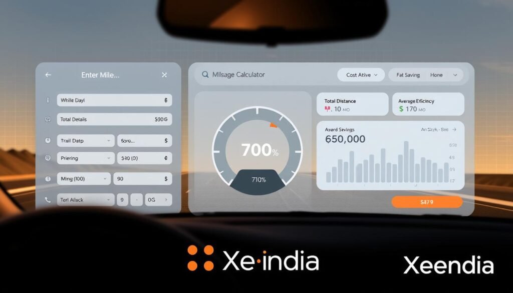 A sleek and modern mileage calculator interface with clean lines and an intuitive layout. In the foreground, a series of interactive controls and input fields for entering vehicle details, trip information, and fuel consumption data. The middle ground features a prominent dashboard-style display showcasing key metrics such as total distance traveled, average fuel efficiency, and cost savings. In the background, a subtle grid pattern or abstract geometric elements evoke a sense of precision and technology. Warm lighting creates a welcoming atmosphere, while a minimalist color palette of grays, blues, and whites conveys professionalism and clarity. The Xeindia brand is tastefully integrated into the design, reflecting its reputation for reliable and user-friendly mileage tracking solutions.