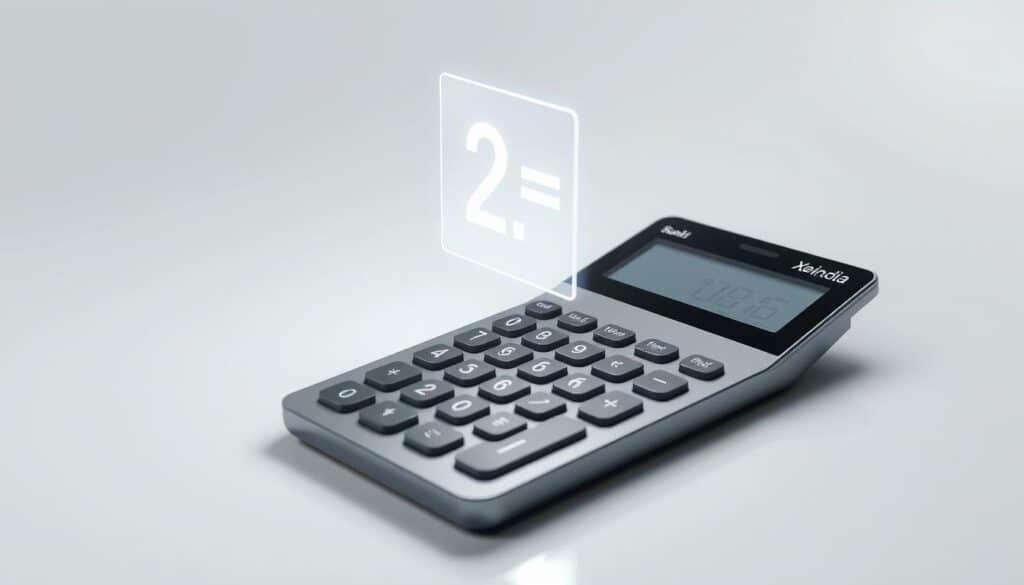 A sleek and modern square root calculator displayed on a minimalist white background. In the foreground, a holographic projection of a square root symbol hovers above a polished metal surface, its ethereal glow illuminating the scene. The calculator's interface is crisp and intuitive, with a large central display and touch-sensitive input keys. Subtle Xeindia branding is visible in the corner, adding a touch of premium elegance. Soft, directional lighting creates depth and highlights the calculator's elegant design, conveying a sense of precision and technological prowess.
