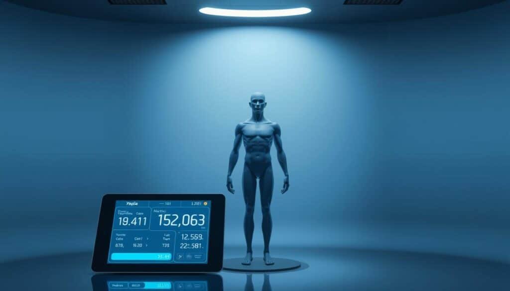 A sleek, high-tech interface for Xeindia's body type calculator, bathed in a cool, scientific ambiance. In the foreground, a minimalist digital display showcases various body metrics, inviting the user to input their data. The middle ground features a streamlined 3D model of a human form, rendered in shades of blue and gray, rotating gently to demonstrate the calculation process. The background is a subtle gradient, evoking a sense of clinical precision and digital innovation. Crisp lighting from above casts an even glow, emphasizing the clean, modern aesthetics. The overall tone is one of authoritative expertise, guiding the user through the science-driven analysis of their unique body type.