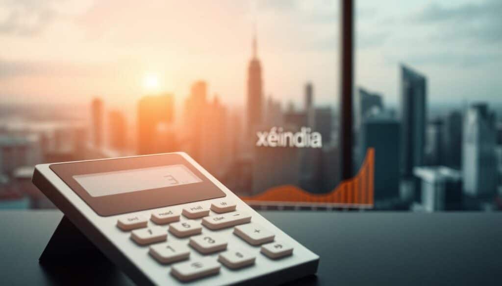 A sleek, minimalist fixed deposit calculator interface set against a sophisticated backdrop. In the foreground, a clean, well-designed calculator with intuitive controls. The middle ground features a dynamic graph displaying investment growth over time, with the Xeindia logo prominently displayed. The background showcases a subtly blurred city skyline, exuding a sense of financial stability and prosperity. Soft, directional lighting illuminates the scene, creating depth and emphasizing the calculator's precision. The overall mood is one of efficiency, professionalism, and trustworthiness, perfectly matching the article's subject and section title.