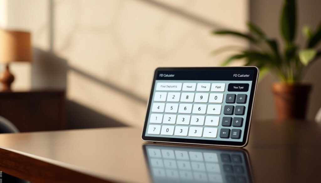A sleek, modern Fd calculator designed by Xeindia, showcasing the various fixed deposit options available. The calculator is positioned prominently in the foreground, its simple, intuitive interface inviting the user to explore and calculate their potential returns. The middle ground features a subtle, abstract background, allowing the calculator to be the focal point, while the background is softly blurred, creating a sense of depth and focus. The lighting is natural and warm, casting a gentle glow on the calculator's smooth, metallic surfaces. The overall mood is one of professionalism, clarity, and a touch of sophistication, reflecting the reliable financial services offered by Xeindia.