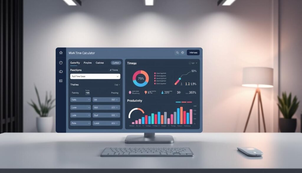 A sleek, modern "Work Time Calculator" interface, designed with the Xeindia brand aesthetic. In the foreground, a clean and intuitive user experience with textboxes, dropdown menus, and buttons. The middle ground showcases infographic-style visualizations, displaying time breakdowns and productivity metrics. The background features a minimalist workspace setting, with clean lines, neutral tones, and subtle lighting that evokes a professional, efficient atmosphere. The overall composition conveys a sense of control, organization, and enhanced productivity for the user.