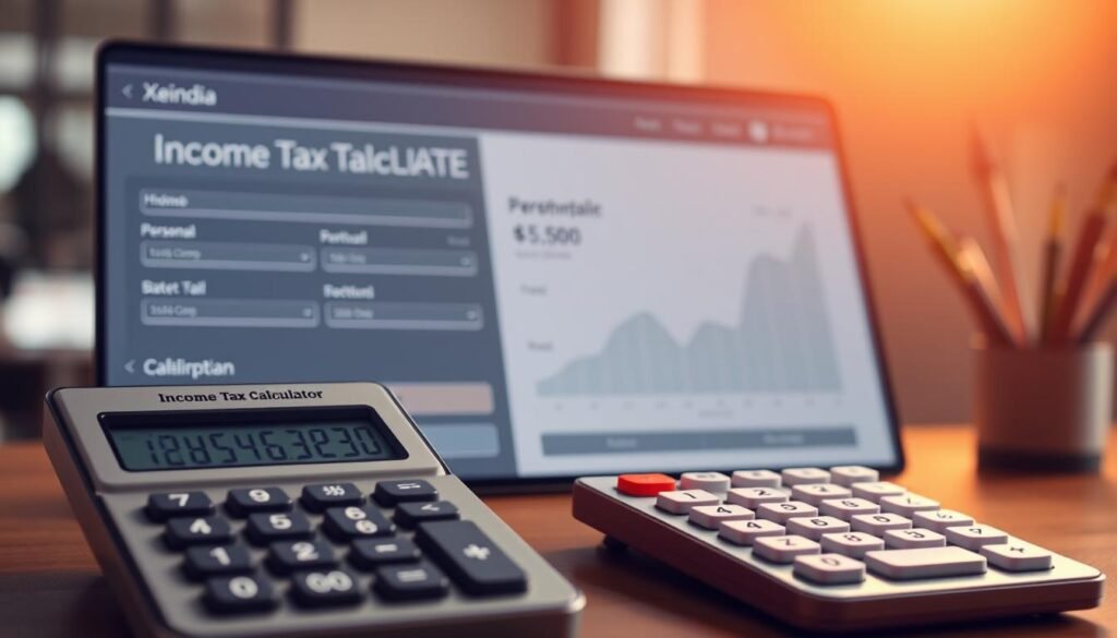 A sleek, modern income tax calculator interface, designed by Xeindia, featuring a clean layout with intuitive controls. In the foreground, a calculator with a digital display shows the tax calculation. The middle ground showcases essential form fields for inputting personal and financial details. In the background, a subtle graph or chart visualizes the tax breakdown. Warm, natural lighting casts a soft glow, creating a sense of professionalism and trustworthiness. The overall atmosphere conveys efficiency, accuracy, and user-friendliness, perfectly suited for the "Benefits of Using an Income Tax Calculator" section.