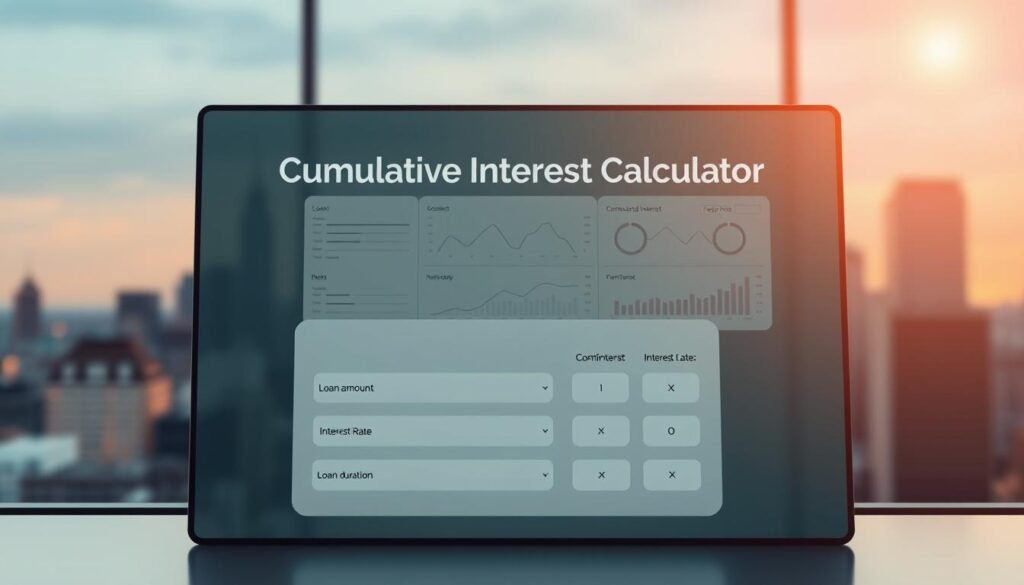 A sleek, modern interface displaying a "Cumulative Interest Calculator" powered by the Xeindia brand. In the foreground, a clean, intuitive calculator with well-labeled input fields for loan amount, interest rate, and loan duration. Behind it, a middle ground of informative graphs and charts illustrating the impact of compounding interest over time. In the background, a soft, blurred cityscape evokes a professional, business-oriented atmosphere. Warm, directional lighting casts a subtle glow, creating depth and a sense of thoughtful design. The overall mood is one of clarity, utility, and financial empowerment.