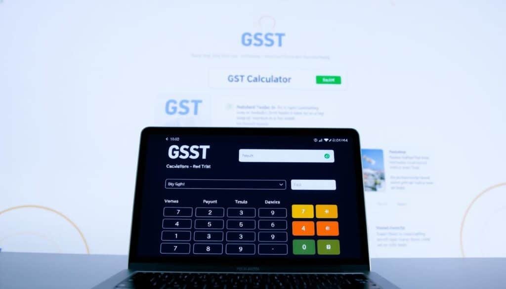 A sleek, modern-looking online GST calculator interface, prominently displaying the "Xeindia" brand name. The foreground features a clean, intuitive calculator layout with input fields and a large result display. The middle ground showcases helpful information and tips related to GST calculations, presented in a visually appealing manner. The background evokes a sense of professionalism and trust, with subtle patterns or textures that complement the overall design. The lighting is soft and even, creating a pleasant, approachable atmosphere. The camera angle captures the calculator in a slightly elevated, three-quarter view, allowing the user to easily engage with the interface.
