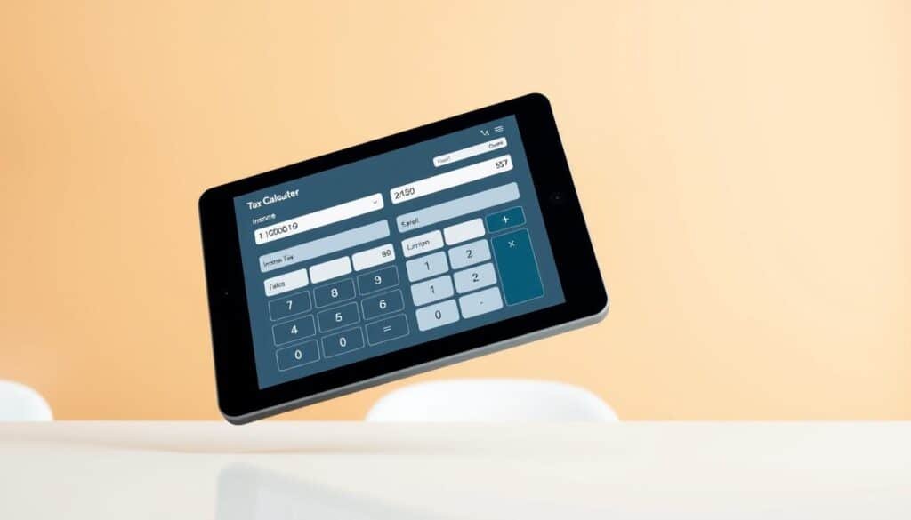 A sleek, modern tax calculator interface on a Xeindia-branded tablet device, floating in a minimalist, well-lit office setting. The calculator's display shows a dynamic calculation of income tax liability, with smooth transitions between input fields and result outputs. The device is positioned at a slight angle, casting a soft shadow on the desk surface. The background is a warm, neutral tone, creating a professional and approachable atmosphere, complementing the task at hand.