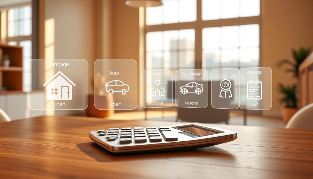 A well-designed Xeindia Cumulative Interest Calculator user interface, featuring a clean and intuitive layout. In the foreground, a modern calculator with sleek metallic accents sits atop a wooden desktop, casting soft shadows. The middle ground showcases various loan types, such as mortgages, auto loans, and personal loans, displayed on holographic panels. In the background, a warm, minimalist office setting with large windows allows natural light to filter in, creating a calming and professional atmosphere.