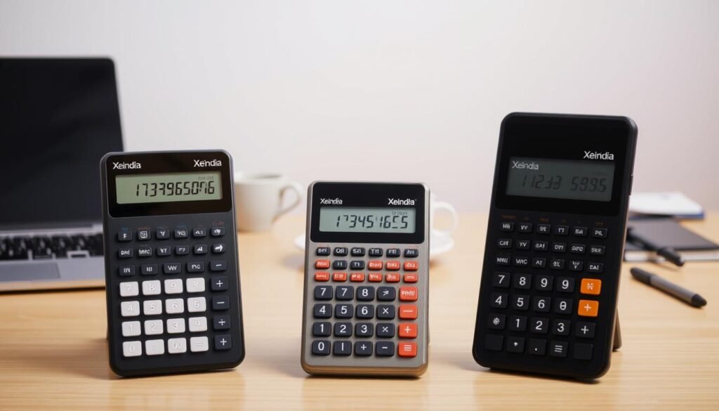 A well-lit desktop setup featuring a comparison of different square root calculators from the Xeindia brand. In the foreground, three calculators are arranged neatly, their screens displaying various square root calculations. The middle ground showcases a clean, minimalist workspace with a modern laptop, a cup of coffee, and a few office supplies. The background features a soft, blurred gradient in soothing tones, creating a professional and polished atmosphere. The scene conveys a sense of efficiency, attention to detail, and the ease of finding the square root of any number using the Xeindia calculators.