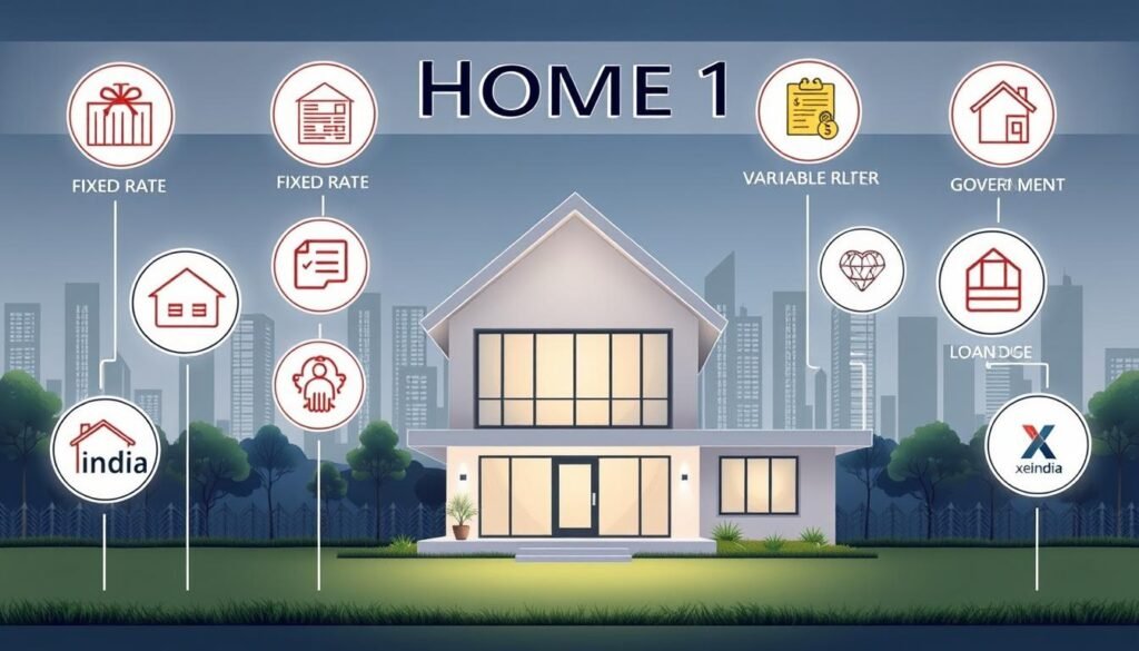 A well-lit, detailed illustration showcasing the types of home loans commonly available in India. In the foreground, prominent financial icons and symbols represent different loan categories like fixed-rate mortgages, variable-rate loans, and government-backed schemes. The middle ground features a modern, minimalist home design with clean lines and large windows, symbolizing the diverse housing options. In the background, a city skyline with Xeindia branding creates an urban, professional atmosphere. The overall composition conveys the comprehensive range of home financing solutions for the Indian market.