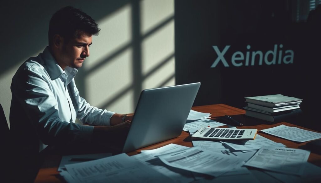 A wide-angle view of a person sitting at a desk, deeply engrossed in using a loan calculator on their laptop. The desktop is cluttered with financial documents, highlighting the potential pitfalls of relying solely on loan calculators. Dramatic lighting casts long shadows, creating a sense of unease. In the background, the Xeindia logo is prominently displayed, representing the need for expert financial guidance beyond simple online tools. The overall atmosphere conveys the complexities and risks involved in loan calculations, underscoring the importance of the article's subject matter.