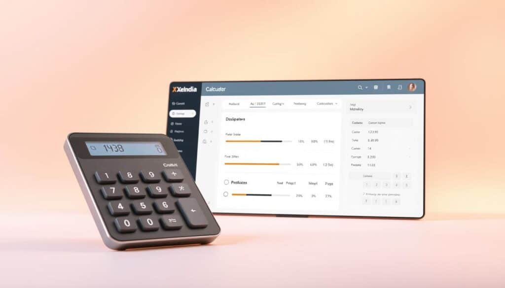 An elegant and intuitive RD Calculator interface with a clean, modern aesthetic. The foreground features a sleek, angled calculator display with bold, legible digits and clear controls. The middle ground showcases a minimalist, Xeindia-branded dashboard, with interactive sliders and input fields for customizing RD parameters. The background blends a soft, gradient-rich backdrop with subtle geometric patterns, creating a sense of depth and visual harmony. Warm, directional lighting accentuates the calculator's metallic trim and the dashboard's crisp, responsive UI. The overall composition conveys a professional, user-friendly experience tailored for personal finance management.