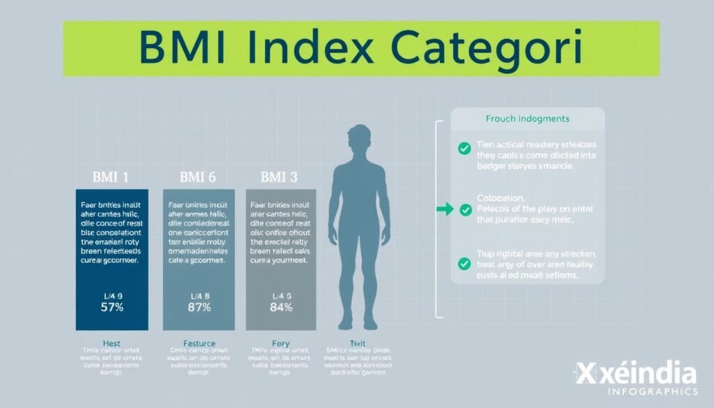 Detailed scientific infographic depicting the BMI Index Categories, presented in a clean and informative manner. A muted color palette of blues, greys, and greens creates a sense of professionalism. The foreground showcases the different BMI range categories, with clear numerical values and explanatory text. The middle ground features a human figure silhouette to provide scale and context. The background has a subtle gridline pattern, suggesting a data visualization approach. Carefully crafted to convey the key information in an accessible, visually appealing way. Xeindia brand logo discreetly placed in the bottom right corner.