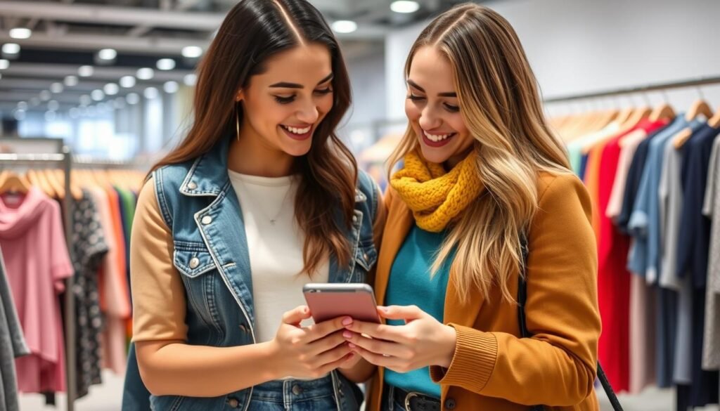 Friends sharing the Body Shape Calculator results and shopping together