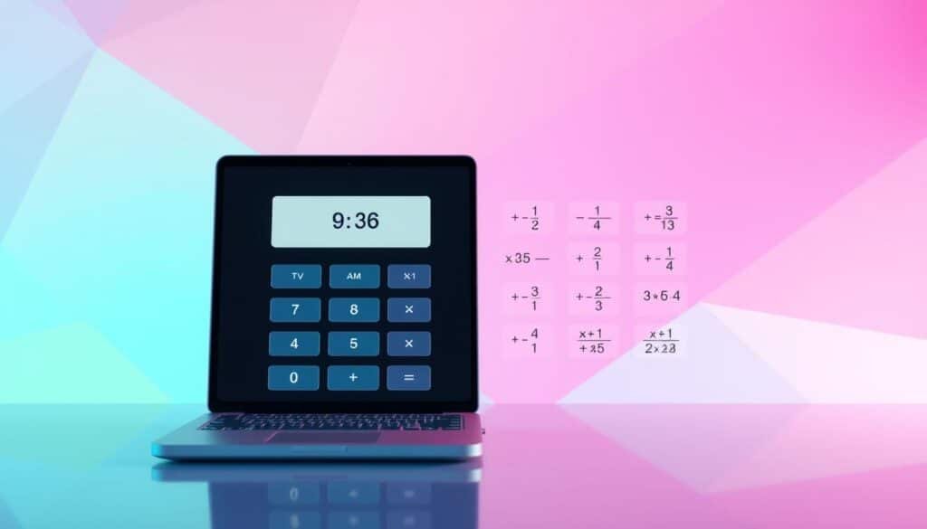 Photorealistic digital illustration of a sleek, modern web interface titled "Xeindia Fraction Calculator Online". The foreground features a clean, minimalist calculator with an intuitive layout, displaying a fraction calculation on the screen. The middle ground showcases various fraction operations like addition, subtraction, multiplication, and division, with clear visual representations. The background depicts a vibrant, pastel-toned geometric pattern, creating a sense of depth and a professional, high-tech ambiance. The lighting is soft and directional, highlighting the calculator's details and casting subtle shadows. The camera angle is slightly elevated, providing an overview of the entire workspace. The overall mood is one of efficiency, user-friendliness, and practical real-world application.