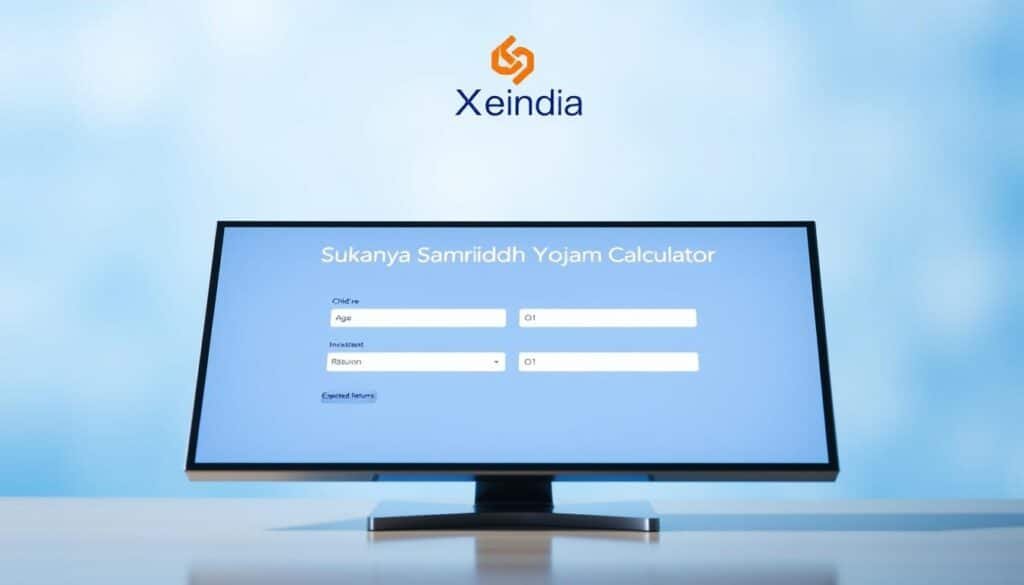 Sukanya Samriddhi Yojana Calculator, a sleek and modern digital interface on a high-resolution screen. Centered in the frame, the calculator's user-friendly layout includes input fields for child's age, investment duration, and expected returns. The background features a soft, blurred gradient in shades of blue, enhancing the financial and analytical atmosphere. The Xeindia logo subtly adorns the top-left corner, lending a sense of authority and trustworthiness to the scene. Gentle lighting creates depth and highlights the calculator's elegant design, conveying a sense of professionalism and precision.
