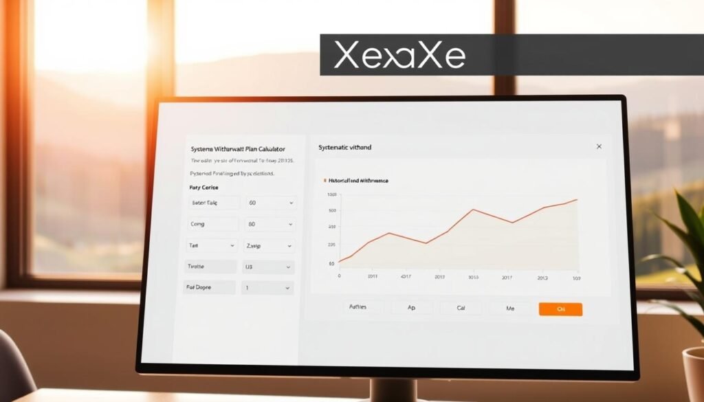 Systematic Withdrawal Plan Calculator, a sleek and intuitive software interface displayed on a modern desktop computer. In the foreground, a smooth and minimalist calculator design with clear labels and input fields, inviting the user to plan their systematic withdrawals. The middle ground features a line graph visualizing historical fund performance, guiding the user's financial decisions. In the background, a serene landscape with rolling hills and a clear sky, conveying a sense of stability and long-term planning. Warm lighting from a large window casts a gentle glow, creating a welcoming and professional atmosphere. The Xeindia brand is prominently displayed, adding a touch of authority and trust.